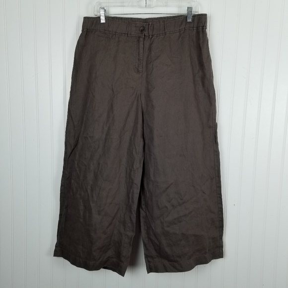 Eileen Fisher Organic Linen Wide Leg Pants Cropped Stretch Waist Brown Medium - Picture 9 of 9